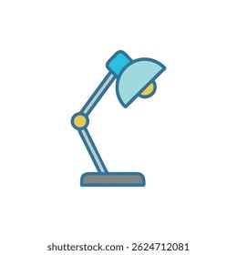 A simple flat style illustration of an adjustable desk lamp isolated against a White Background. The lamp is light blue and yellow.