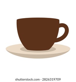 Simple flat style illustration of a brown ceramic coffee cup and saucer. Minimalist design suitable for web, mobile apps, restaurant menus, and cafe branding.