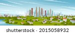 Simple flat style illustration of Kuala Lumpur city in Malaysia and skyline landmarks. Panorama cityscape of middle Kuala Lumpur. Famous buildings and landmarks included Malaysia. City center day time
