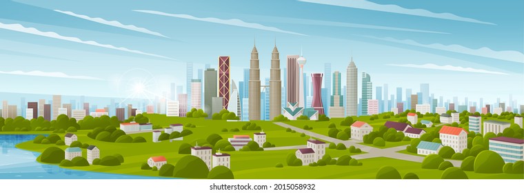 Simple Flat Style Illustration Of Kuala Lumpur City In Malaysia And Skyline Landmarks. Panorama Cityscape Of Middle Kuala Lumpur. Famous Buildings And Landmarks Included Malaysia. City Center Day Time