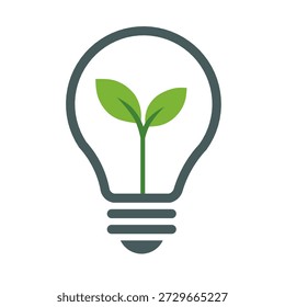Simple Flat Style Lightbulb with Plant Leaf Inside Ecology Concept