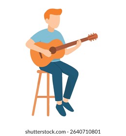 Simple Flat Style Man Playing Acoustic Guitar on Stool Illustration Design