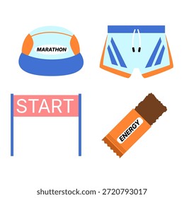 Diseño simple de activos de ilustración de equipos y suministros de maratón de estilo plano