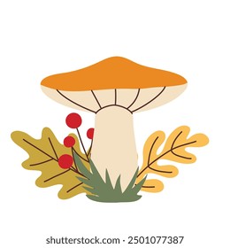 Simple flat style mushroom and autumn leaves. Hand drawn cute and cozy design elements. Fall, autumn season