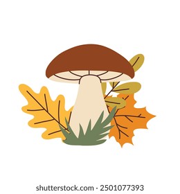 Simple flat style mushroom and autumn leaves. Hand drawn cute and cozy design elements. Fall, autumn season