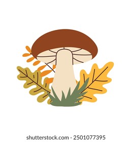 Simple flat style mushroom and autumn leaves. Hand drawn cute and cozy design elements. Fall, autumn season