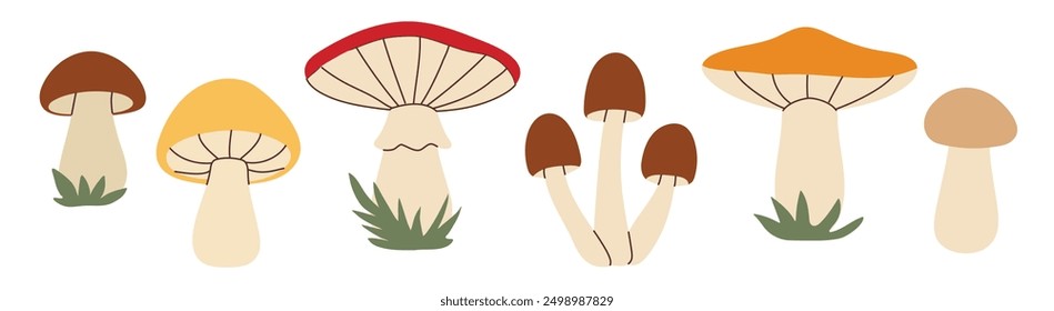 Simple flat style mushrooms set. Hand drawn cute and cozy design elements. Fall, autumn season