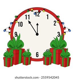 Simple flat style New Year clip art template design. Minimal alarm clock with gifts boxes and garland lights isolated white background. Holiday vector illustration for greeting card postcard cover. 
