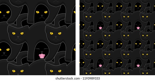 Simple flat style seamless vector illustration background. Black cats with yellow eyes.