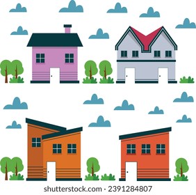 simple flat style set 4 house