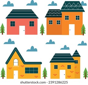 simple flat style set 4 house minimalist