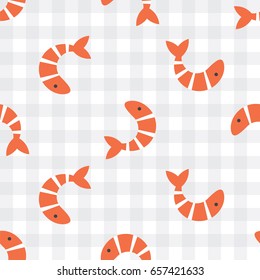 Simple Flat Style Shrimp on Plaid Background Vector Seamless Pattern