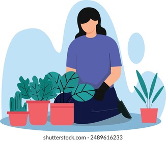 simple flat style women caring some a plants