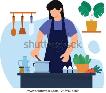 simple flat style women cooking in table