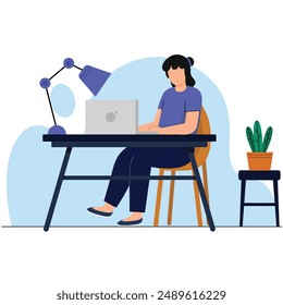 las mujeres de estilo plano simple estudian en la computadora portátil se sientan en la mesa y la silla