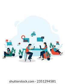 Simple Flat Style And Working Illustration Of 4 Company People Solving On Business Problems