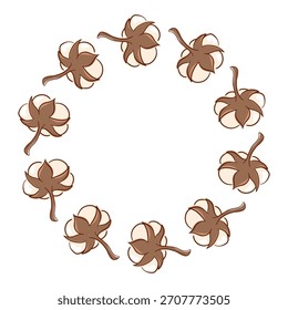 Einfacher, flacher Kranz aus einem Baumwollbolzen mit Stiel einzeln auf weißem Hintergrund. Design für Textilien, Bio-Label, Öko-Karte und botanisches Projekt.