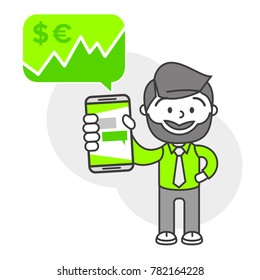 Simple flat stylistics adaptation to corporate style. Icon message man shows mobile phone message positive cash money shares