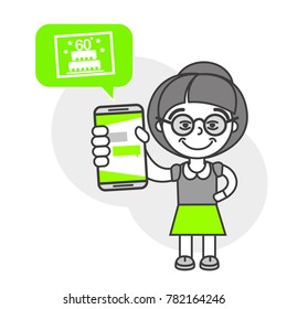 Simple flat stylistics adaptation to corporate style. Icon message grandmother congratulation anniversary cake postcard shows mobile phone message positive 
