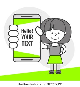 Simple flat stylistics adaptation to corporate style. Icon message girl woman shows mobile phone message positive