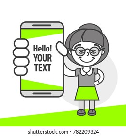 Simple flat stylistics adaptation to corporate style. Icon message grandmother shows mobile phone message positive