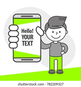 Simple flat stylistics adaptation to corporate style. Icon message guy man shows mobile phone message positive