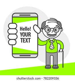 Simple flat stylistics adaptation to corporate style. Icon message man granddad shows mobile phone message positive