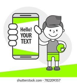 Simple flat stylistics adaptation to corporate style. Icon message man guy athlete football player shows mobile phone message positive