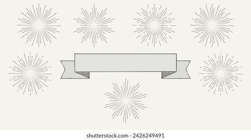 simple flat sunburst and ribbon ornament in retro and vintage style. circular stripes, fireworks explosions