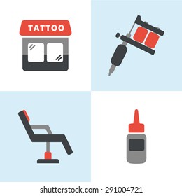 Simple flat tattoo icons including tattoo machine, shop, ink and chair