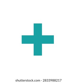 A simple flat teal colored plus sign symbol isolated on a white background representing addition or medical concepts