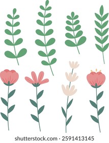Simple and flat thin and long flower and leaf illustration