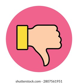 A simple flat thumbs down icon inside a pink circle, representing dislike, negative feedback, rejection, disagreement, poor quality, or a bad rating for web design.