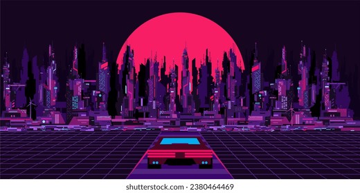 Sencillo Resumen De Diseño Y Colorido Futurista E Ilustración De La Ciudad Del Ciberespacio Sci-fi Y Un Elemento De Plantilla De Fondo De Ilustración De Auto On Road Vector