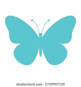Una silueta de mariposa simple, plana, azul turquesa con las alas extendidas sobre un fondo blanco
