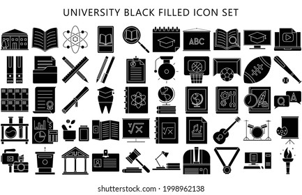 simple, flat universities and colleges black filled Icon set. Contains Icons any faculty, chemistry. physics, sports mathematics, economic, accounting and others. EPS 10 ready convert to SVG svg