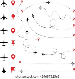 Simple flat vector of aircraft plane that moves from the starting point and follow route. Concept of air transportation airline airport destination travel