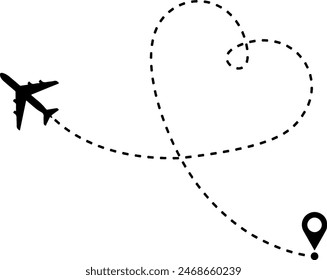 Vector plano simple de la aeronave que se mueve desde el punto de partida y dibuja una forma de corazón con su recorrido. Concepto de transporte