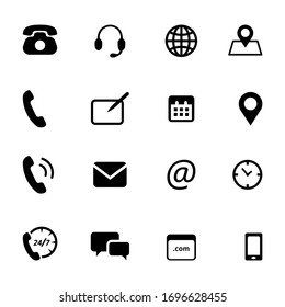 Simple flat vector black and white icons set on white background. Contact. Send message and receive notification. GPS and call. Different office needs icons set