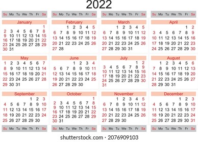 Simple flat vector calendar 2022 in American English
