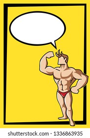 Simple flat vector of a cartoon bodybuilder with bubble text