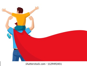 Simple flat vector cartoon of a father with red cape carry his son on his shoulders