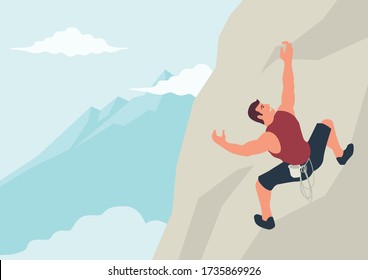 Simple flat vector cartoon illustration of a man climbing the rock