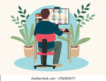 Simple flat vector cartoon illustration of a man figure having video conference with group of people