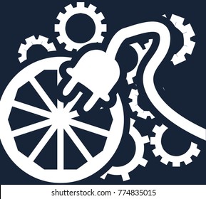 Simple flat vector clipart on a dark background - the concept of ingenuity, know-how, inventions of mankind. Symbolic illustration of a wheel, few gears and electric plug in white on a blue backdrop