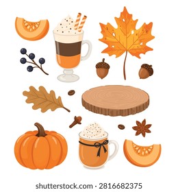 Simple flat vector collection of cozy autumn elements including pumpkins, pumpkin spice drinks, oak leaves, acorns, berries, spices, and wooden display stand isolated on white background.
