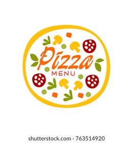 Simple flat vector colorful pizza with vegetables and sausage for pizzeria business logo design. Fast food baked goods label.