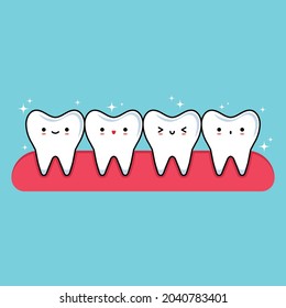 Simple flat vector of cute molar teeth cartoon with happy facial expression. Illustration of a human tooth with pink red gums on a blue background. Clean, healthy and shiny white teeth. EPS 10.