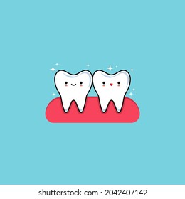 Simple flat vector of cute molar teeth cartoon with happy facial expression. Illustration of a human tooth with pink red gums on a blue background. Clean, healthy and shiny white teeth. EPS 10.