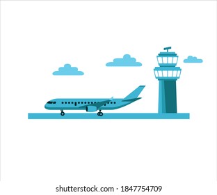 simple flat vector design of airplane parking in the airport beside watching tower illustration